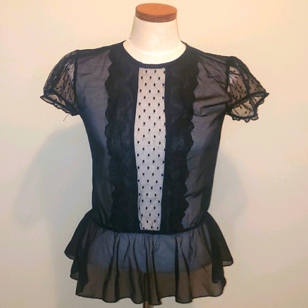 Lux Sheer Lace Overlay Peplum Top Black Small